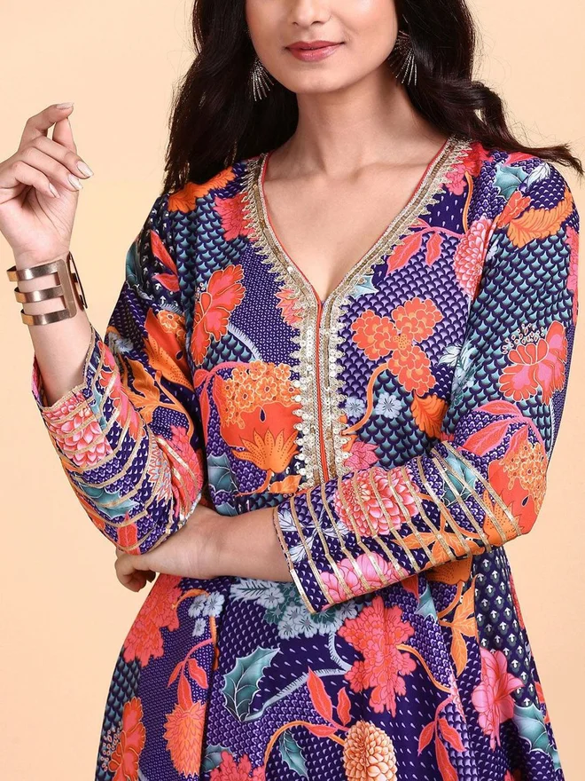 Ishin  Women Purple Floral Kurta and Pants with Dupatta Set for Women | Best Price UAE